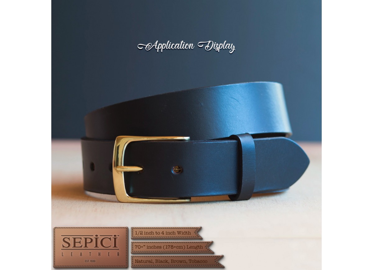 1/2" to 4" Wide, 50" to 70" Long, Black Color, Veg-Tan Leather Straps.