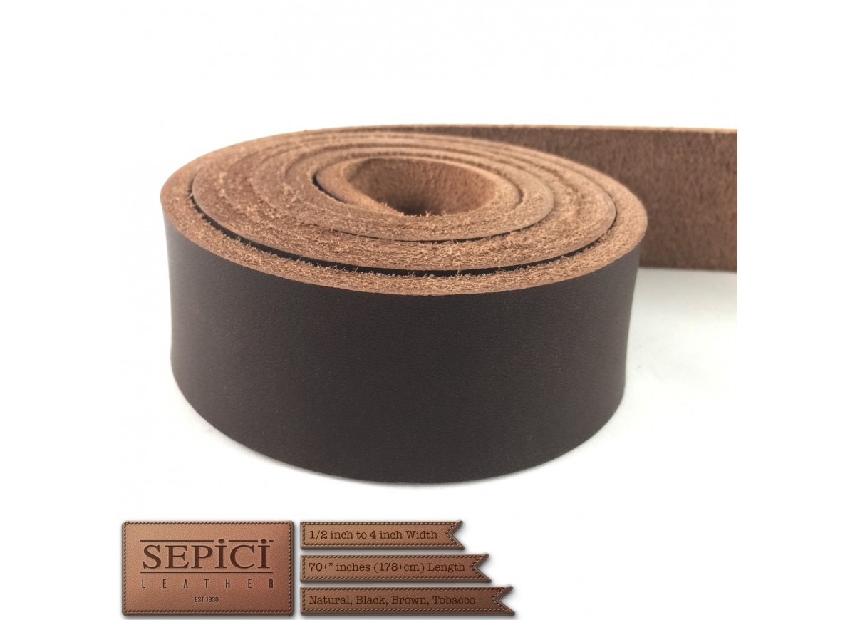 1/2" to 4" Wide, 50" to 70" Long, Brown Color, Veg-Tan Leather Straps.